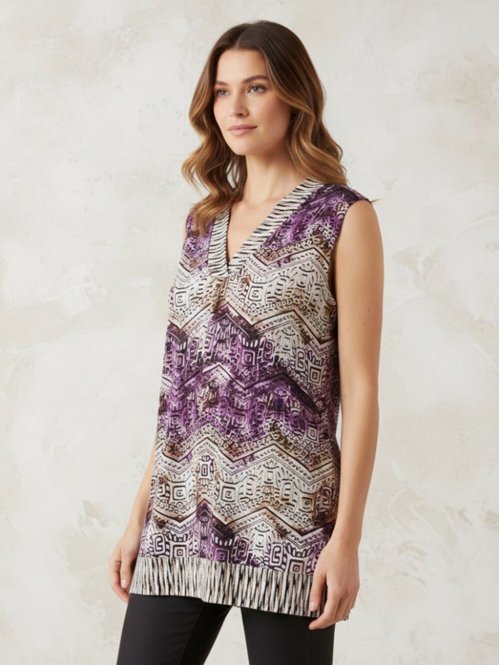 Alfani PM Tunic Top Purple Tan V Neck Boho Indie Casual Abstract Fairy Grunge